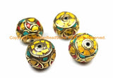 4 BEADS Thick Tibetan Floral Beads with Yellow Howlite, Turquoise, Coral Inlays Roundelle Rondelle - Ethnic Nepal Tibetan Beads - B3127-4