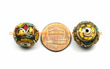 4 BEADS Thick Tibetan Floral Beads with Yellow Howlite, Turquoise, Coral Inlays Roundelle Rondelle - Ethnic Nepal Tibetan Beads - B3127-4