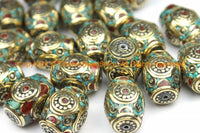 2 BEADS Tibetan Thick Bicone Beads with Intricate Brass, Turquoise & Coral Inlays - Rectangular Bicone Barrel Drum Shape Beads - B3136-2
