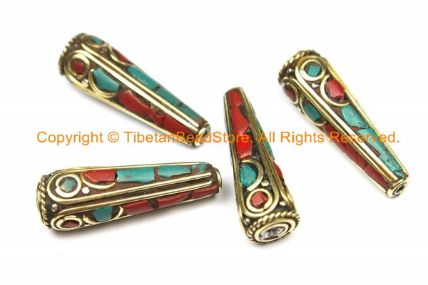 4 BEADS Ethnic Nepalese Tibetan Cone Beads with Brass, Turquoise, Coral Inlays - Inlaid Beads Tibetan Beads - Nepal Beads - B3137-4