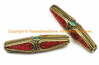 1 BEAD - LARGE Ethnic Nepalese Tibetan Long BiCone Bead with Brass, Coral, Turquoise Inlays - Nepal Tibetan Handmade Beads - B3138-1