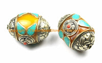 1 BEAD - LARGE Tibetan Amber Copal Resin Bead with Floral Detail Caps, Turquoise, Coral Inlays - LARGE Focal Bead - B3148-1