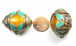 1 BEAD - LARGE Tibetan Amber Copal Resin Bead with Floral Detail Caps, Turquoise, Coral Inlays - LARGE Focal Bead - B3148-1