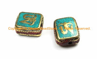 1 BEAD - Tibetan Om Mantra Reversible Tibetan Bead with Brass, Coral, Turquoise Inlays - Tibetan Beads - B3145-1