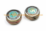 1 BEAD Om Mantra Reversible Tibetan Bead with Brass, Turquoise, Coral, Tibetan Silver Inlays- Om Beads Nepal Tibetan Beads- B3150-1