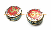 1 BEAD Om Mantra Reversible Tibetan Bead with Brass, Turquoise, Coral, Tibetan Silver Inlays- Om Beads Nepal Tibetan Beads- B3151-1