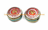 2 BEADS Om Mantra Reversible Tibetan Beads with Brass, Turquoise, Coral, Tibetan Silver Inlays- Om Beads Nepal Tibetan Beads- B3153-2