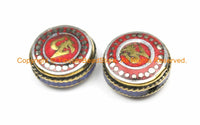 1 BEAD Om Mantra Reversible Tibetan Bead with Brass, Coral, Lapis & Tibetan Silver Inlays- Om Beads Nepal Tibetan Beads- B3154-1