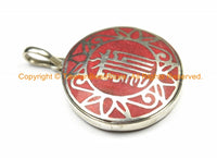 Tibetan Kalachakra Mantra Pendant with Coral Inlays - Kalachakra Pendant - Ethnic Buddhist Yoga Nepal Tibetan Pendant - WM7117C