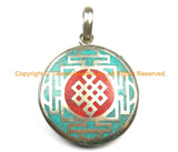 Tibetan Endless Knot in Mandala Pendant with Coral, Turquoise Inlays - Endless Knot Mandala Pendant Nepal Tibetan Yoga Jewelry - WM7120
