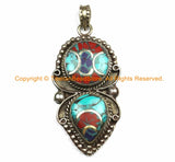 Ethnic Tibetan Pendant with Brass, Turquoise, Lapis & Coral Inlays - Ethnic Jewelry - Tibetan Pendant - WM7153