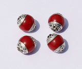 2 Beads - Red Resin Coral Tibetan Beads with Tibetan Silver Caps - Handmade Ethnic Tibetan Beads - B453-2