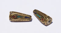 1 bead - Tibetan Cone Bead with Brass, Turquoise, Coral Inlays - Tibetan Beads - Nepal Beads - Ethnic Beads - B781-1