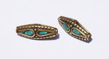 1 bead - Tibetan Brass & Turquoise Inlay Bicone Bead - Ethnic Tibetan Beads - Nepalese Inlay Beads - B797-1