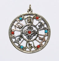 Tibetan Double Vajra and Mantra Carved Pendant with 3 Metals and Turquoise & Coral Inlay - WM309