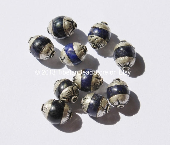 10 beads - Small Lapis Tibetan Beads with Repousse Silver Caps - Handmade Tibetan Beads - B988-10