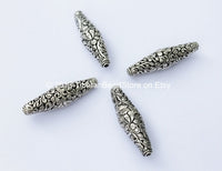 4 Beads - Silver Plated Filigree Lotus Bicone Tibetan Beads - Long Cylindrical Bicone Tibetan Beads - Ethnic Nepal Tibetan Beads - B972