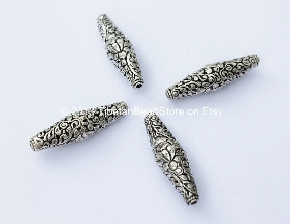 4 Beads - Silver Plated Filigree Lotus Bicone Tibetan Beads - Long Cylindrical Bicone Tibetan Beads - Ethnic Nepal Tibetan Beads - B972