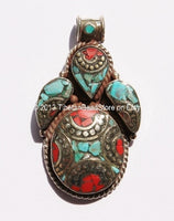 Ethnic Tibetan Nepalese Pendant with Turquoise & Coral Inlays - Handmade Tibetan Jewelry - Tibetan Pendant - WM2852