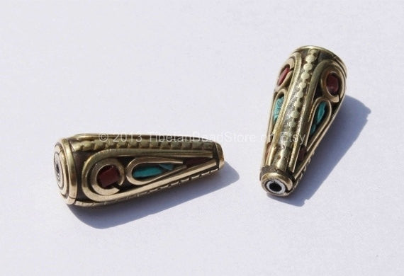 1 Bead - Tibetan Cone Bead with Brass, Turquoise & Copal Coral Inlay - B402-1