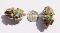 4 BEADS - BIG Ethnic Tibetan Thick Bicone Brass Beads with Turquoise & Copal Coral Inlays - Unique Tibetan Brass Beads - B1415B-4