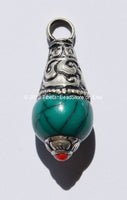 Tibetan Green Copal Pendant with Tibetan Silver Caps & Red Copal Coral Accent - Handmade Ethnic Nepal Tibetan Jewelry - WM3005