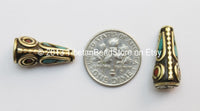 4 beads - Tibetan Cone Beads with Brass, Turquoise & Coral Inlays - Ethnic Tribal Tibetan Brass Inlay Beads - B1610-4