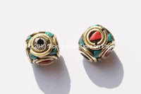 2 BEADS - Tibetan Beads with Brass, Turquoise & Copal Coral Inlays - Tibetan Cube Beads with Brass Circles - B1775-2