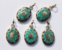 Tibetan Kalachakra Pendant with Brass, Turquoise & Coral Inlays - Small Inlaid Kalachakra Handmade Charm Pendant  - WM3474