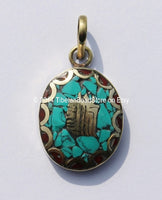 Tibetan Kalachakra Pendant with Brass, Turquoise & Coral Inlays - Small Inlaid Kalachakra Handmade Charm Pendant  - WM3474