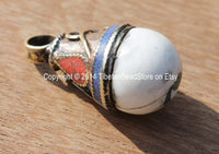 Tibetan Conch Shell Drop Pendant with Thick Brass Cap, Lapis, Coral Inlays - WM3651B