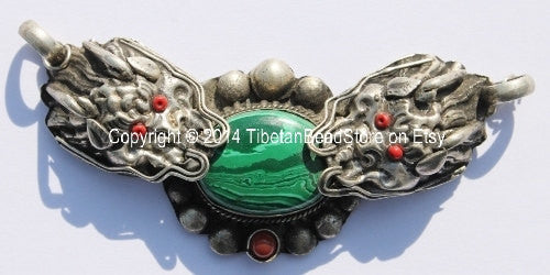 Tibetan Double Dragon Pendant with Malachite & Copal Inlays - WM513