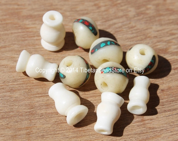 5 SETS - Tibetan Inlaid White Bone Guru Bead Sets - Tibetan White Bone Guru Beads & Caps - Mala Making Supply - GB8-5