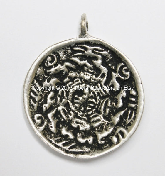 Small Size Tibetan Calendar Timeline Wheel Solid Silver-Plated Brass Charm Pendant - Small Melong Shamanic Mirror Amulet Pendant - WM3709