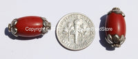 1 BEAD - Tibetan Red Copal Beads with Tibetan Silver Caps - Ethnic Nepal Tibetan Beads - B2020-1