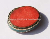1 bead - Tibetan Bead with Brass, Red Copal Coral & Turquoise Inlays - Ethnic Tibetan Handmade Beads - B2065