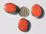 1 bead - Tibetan Bead with Brass, Red Copal Coral & Turquoise Inlays - Ethnic Tibetan Handmade Beads - B2065