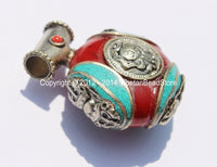 Tibetan Reversible Round Red Copal Resin Pendant with Turquoise Inlays, Tibetan Silver Repousse Auspicious Conch & Vajra Details - WM4110