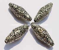 1 bead - Large Tibetan Silver Long Bicone Repousse Bead with Fish & Floral Details - 16mm x 43mm - B2150-1