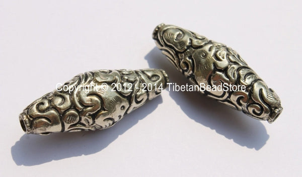 1 bead - Large Tibetan Silver Long Bicone Repousse Beads with Frog & Floral Details - 15-16mm x 42-43mm - Large Focal Pendant Bead- B2155-1