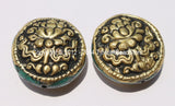 2 Beads - BIG Tibetan Repousse Carved Brass Auspicious Lotus Round Disc Shape Bead with Turquoise Side Inlays -  B2275-2 - TibetanBeadStore