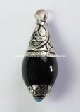 Tibetan Black Onyx Drop Amulet Charm Pendant with Carved Tibetan Silver Caps & Blue Bead Accent - Ethnic Nepalese Tibetan Jewelry - WM4218