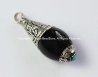 Tibetan Black Onyx Drop Amulet Charm Pendant with Carved Tibetan Silver Caps & Blue Bead Accent - Ethnic Nepalese Tibetan Jewelry - WM4218