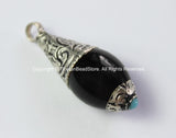 Tibetan Black Onyx Drop Amulet Charm Pendant with Carved Tibetan Silver Caps & Blue Bead Accent - Ethnic Nepalese Tibetan Jewelry - WM4218
