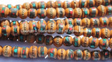 10 BEADS 8mm Size Tibetan Wood Beads - Wooden Beads with Turquoise, Coral, Brass & Copper Inlays - LPB15S-10