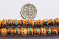 10 BEADS 8mm Size Tibetan Wood Beads - Wooden Beads with Turquoise, Coral, Brass & Copper Inlays - LPB15S-10