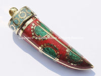 Long Tibetan Coral, Malachite, Turquoise & Brass Horn Tusk Pendant with Brass Cap - Ethnic Tribal Boho Tibetan Horn Pendant - WM5008