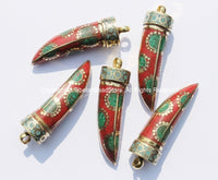 Long Tibetan Coral, Malachite, Turquoise & Brass Horn Tusk Pendant with Brass Cap - Ethnic Tribal Boho Tibetan Horn Pendant - WM5008