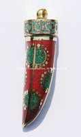 Long Tibetan Coral, Malachite, Turquoise & Brass Horn Tusk Pendant with Brass Cap - Ethnic Tribal Boho Tibetan Horn Pendant - WM5008