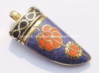 Tibetan Horn Tusk Amulet Pendant with Brass, Lapis, Orange Copal & Black Copal Inlays - Boho Tribal Ethnic Tibetan Horn Amulet - WM5041